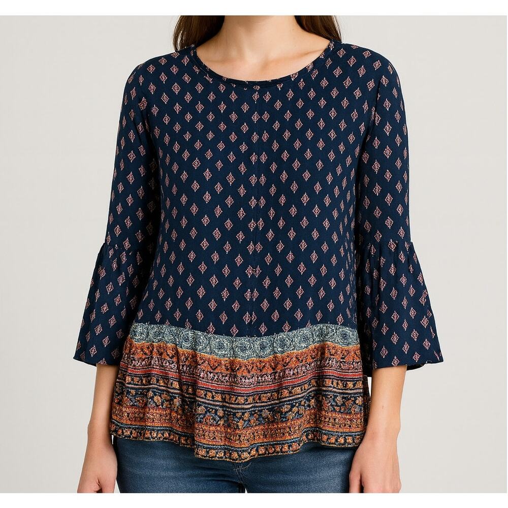 BLL beachlunchlounge XS Blue Print Bell Sleeve Peasant Blouse Viscose